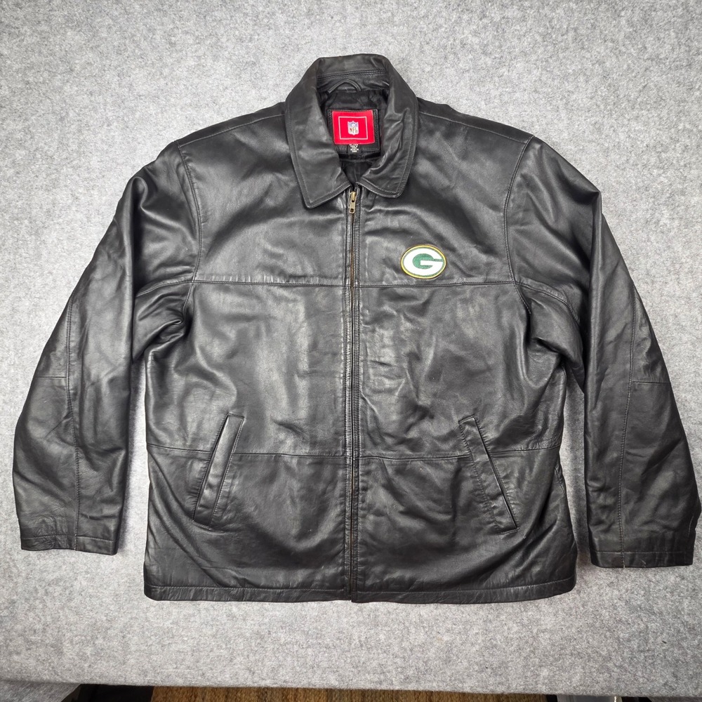 NFL Green Bay Packers G-III Black Leather Jacket Mens XL Full Zip Quilted Lining